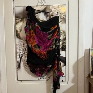 Black Floral Draped Top with Pink & Orange Roses 100% silk 1 shoulder sleeveless